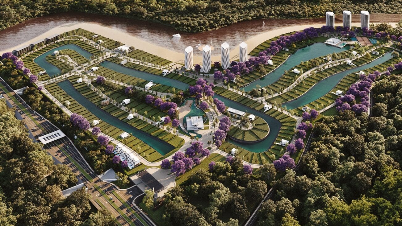 Render aéreo de La Ribera con los lagos interactivos y los lotes