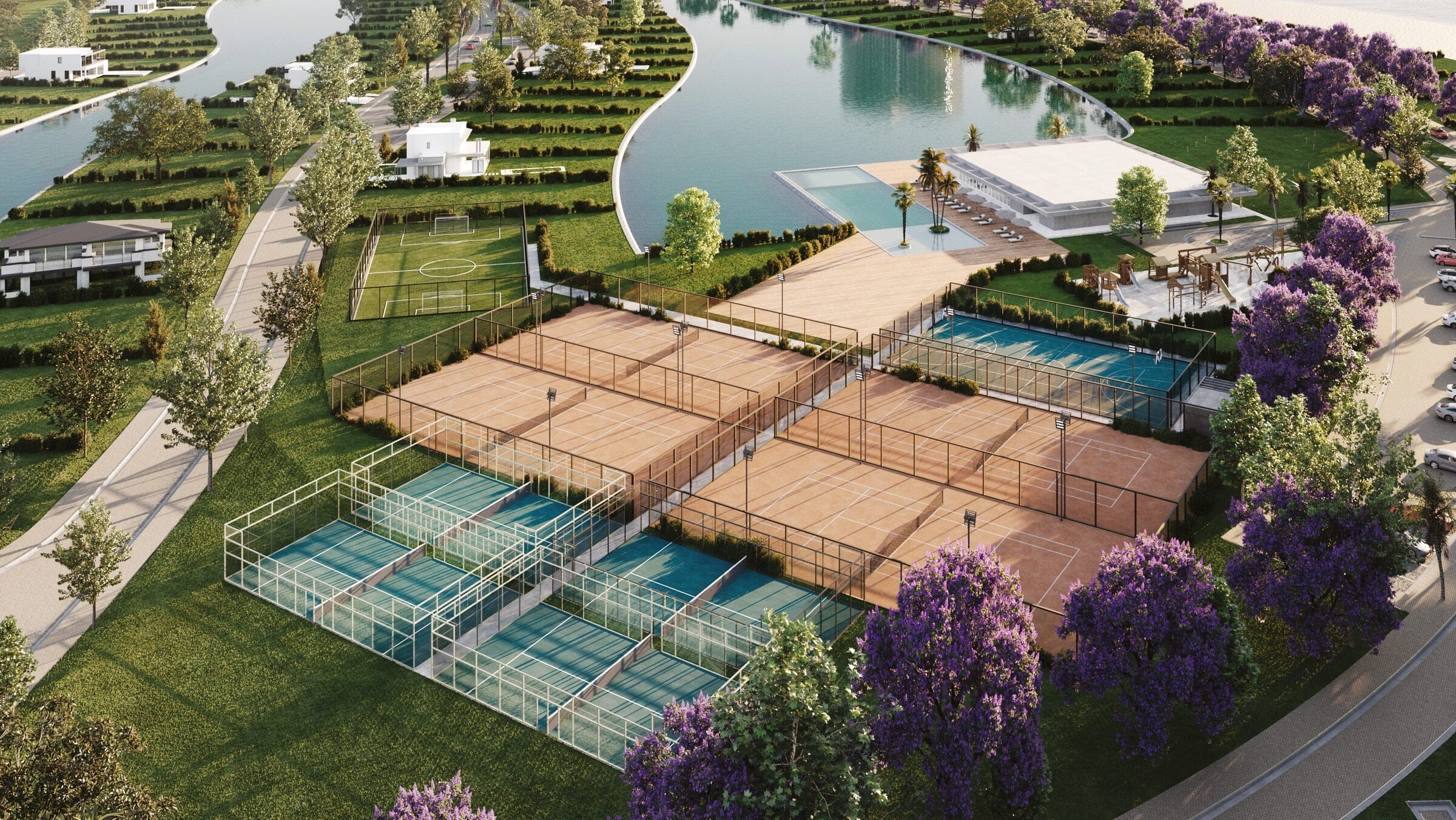 Render de las canchas y espacios de recreación de La Ribera