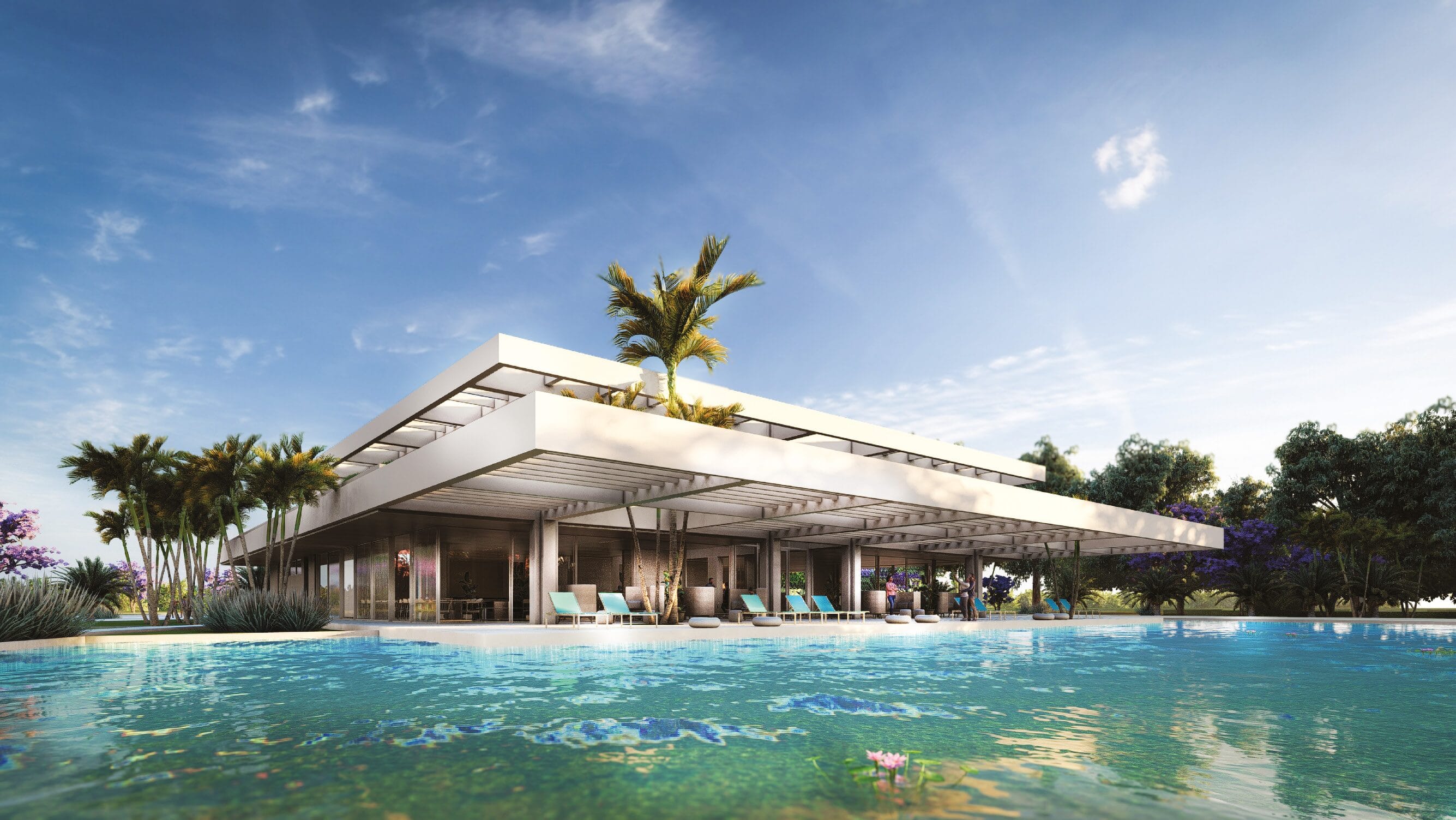 Render del club house con piscina de La Ribera