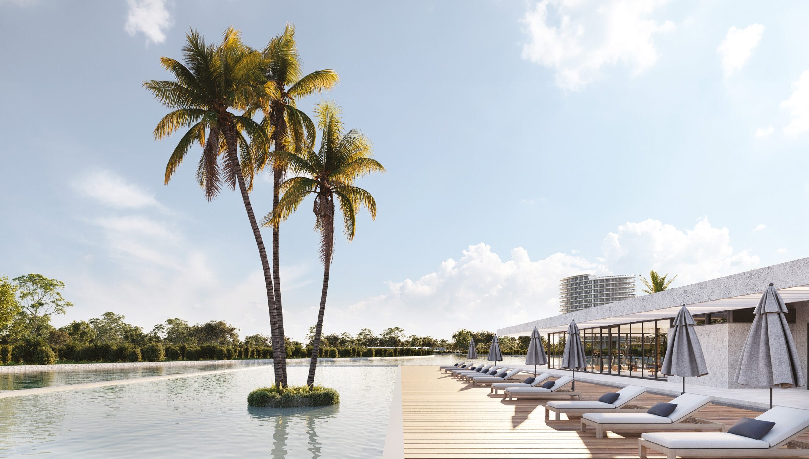 Render de la playa de arena con palmeras de La Ribera