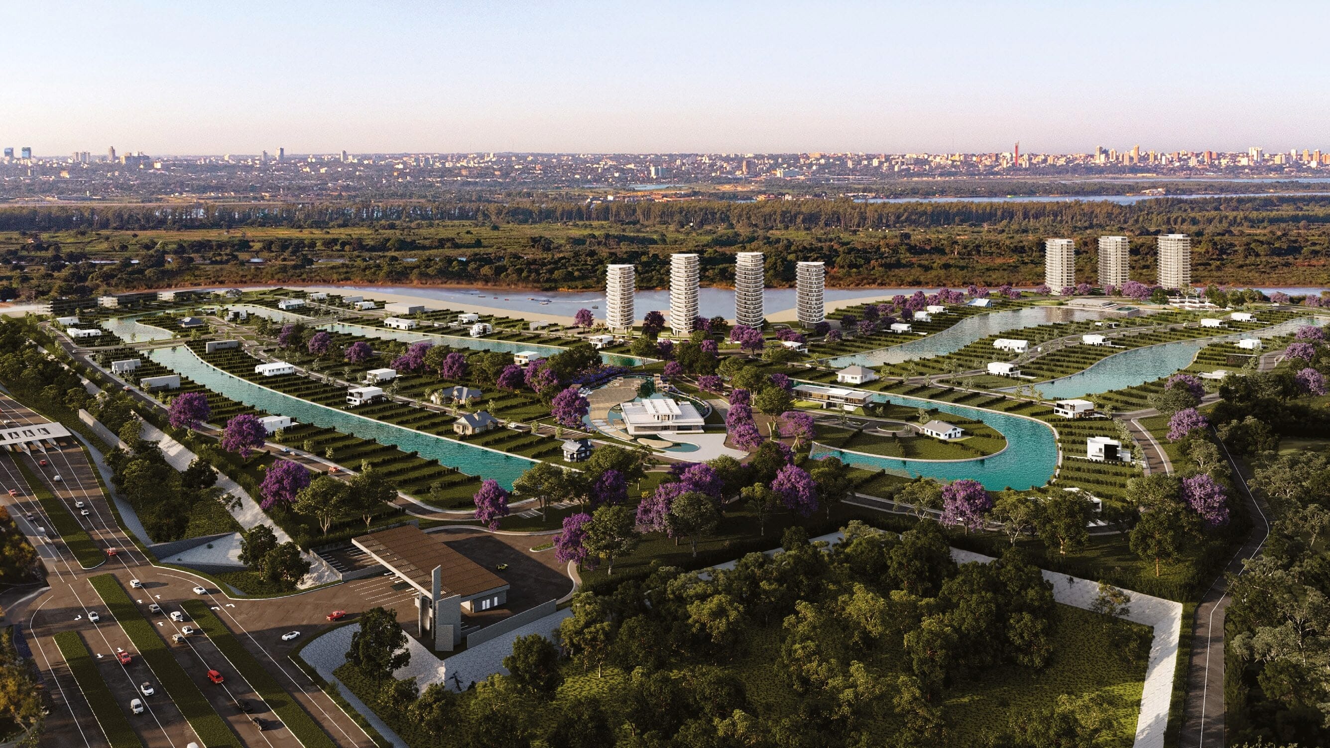 Render aéreo de La Ribera con los canales, las áreas verdes y la ciudad en el horizonte