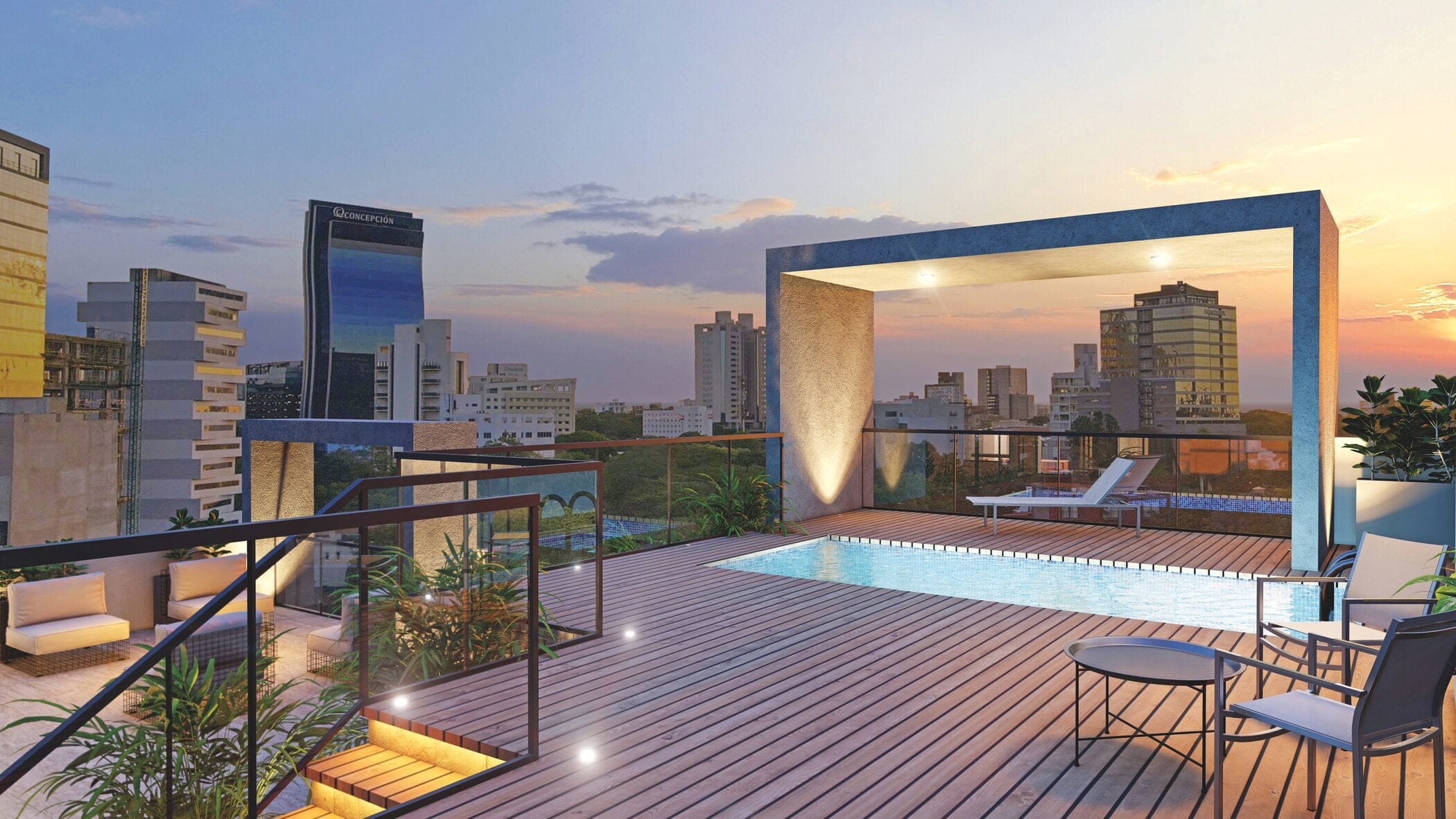Render del rooftop con piscina de Sol City